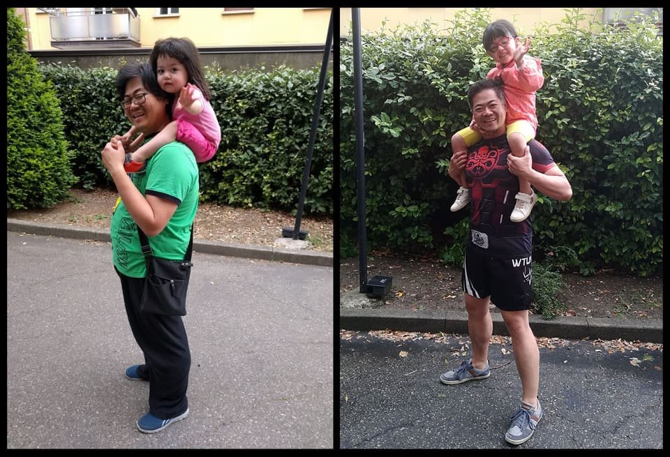 Two photographs side by side: carrying my daughter on my shoulders, heavier on the left, leaner on the right.